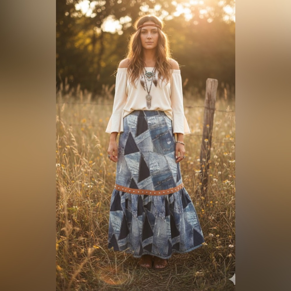 4GIVENESS Faux Denim Patchwork Skirt w/faux leather & stud accents size s/m